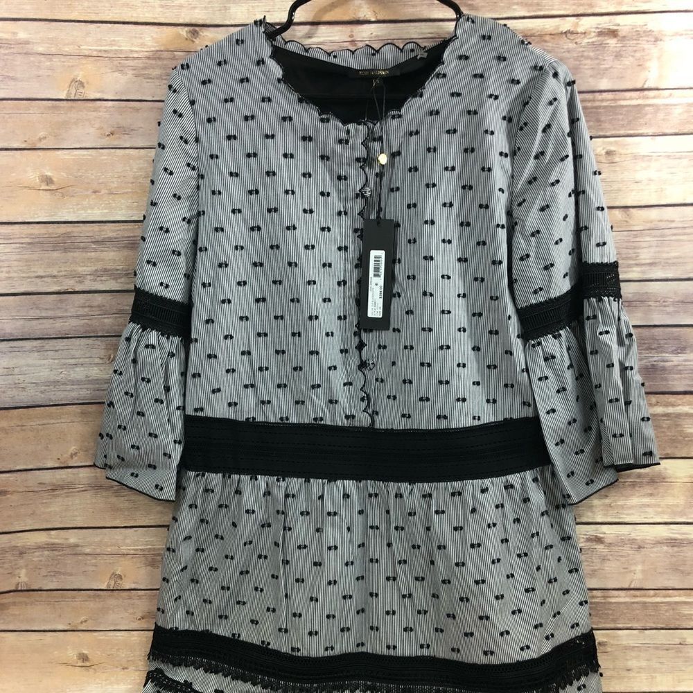 Kobi Halperin‎ Joan Dress Black White Striped Clip Dot Lace Trim KS8D11 XS NEW